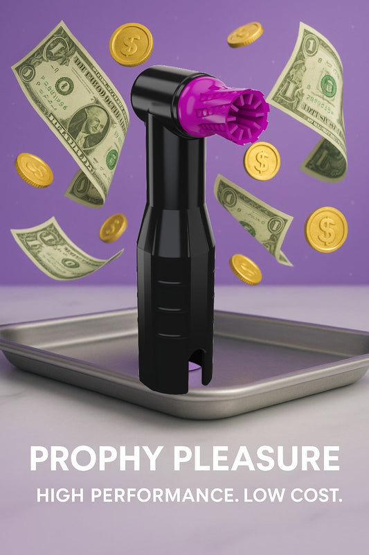 Prophy angle "Prophy Pleasure" is seen with money raining down. Text says "High Performance. Low Cost"