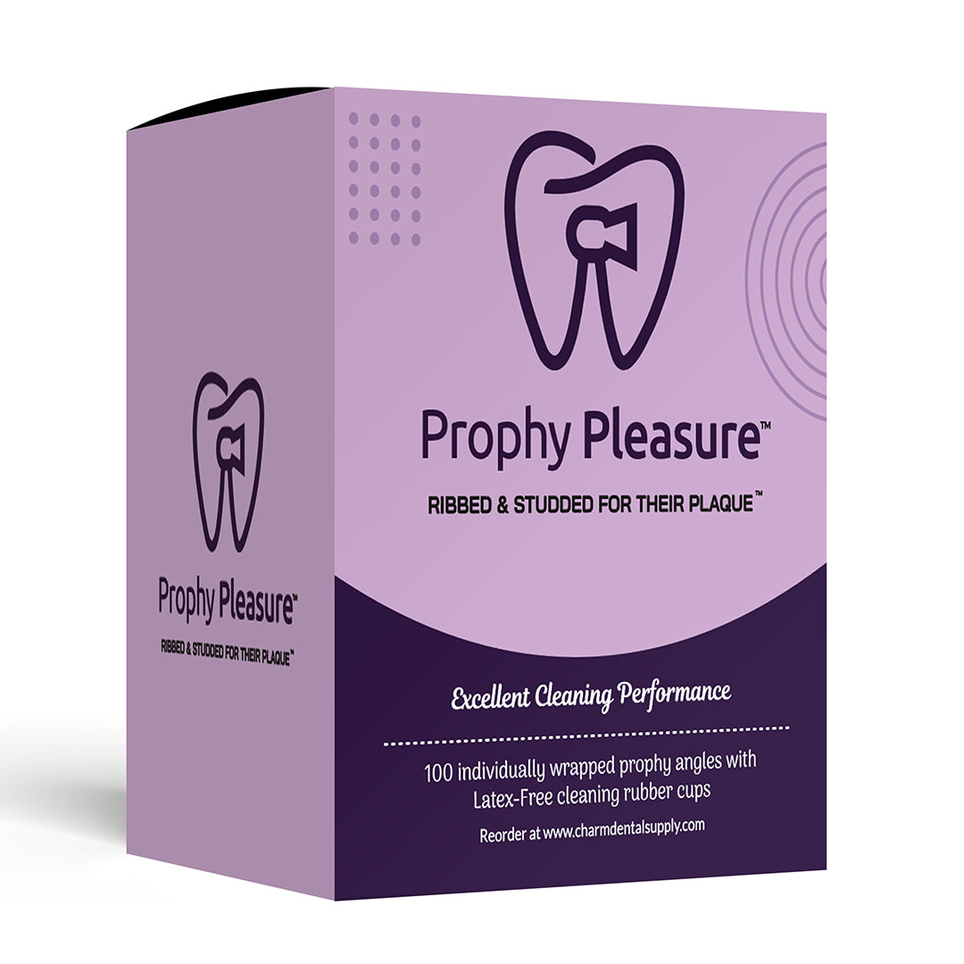 Prophy pleasure package showing box of 100 individually wrapped prophy angles