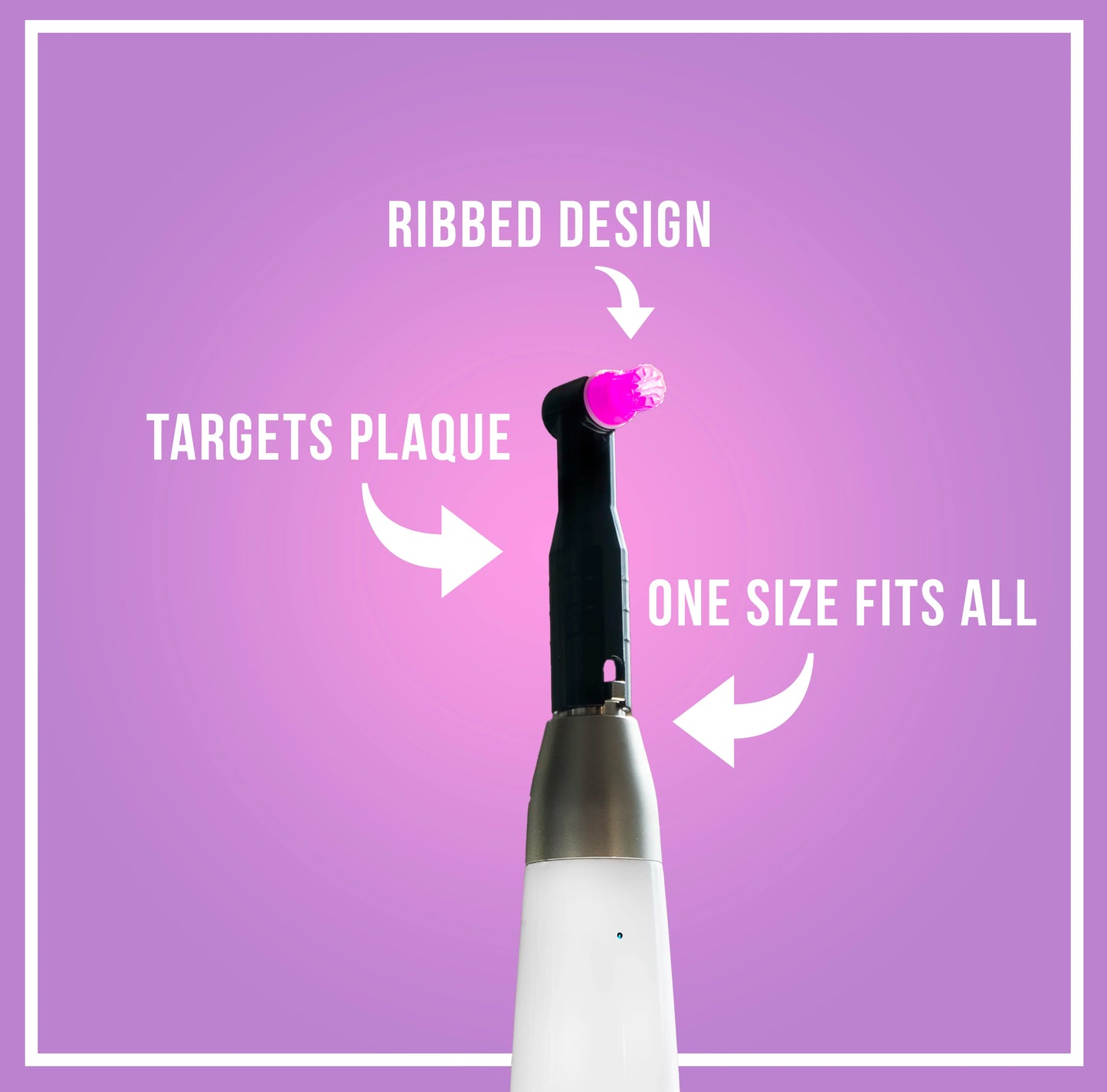 Prophy angle is seen attached to motor. Text highlights the "ribbed design", "targets plaque" and "one size fits all" benefits. 