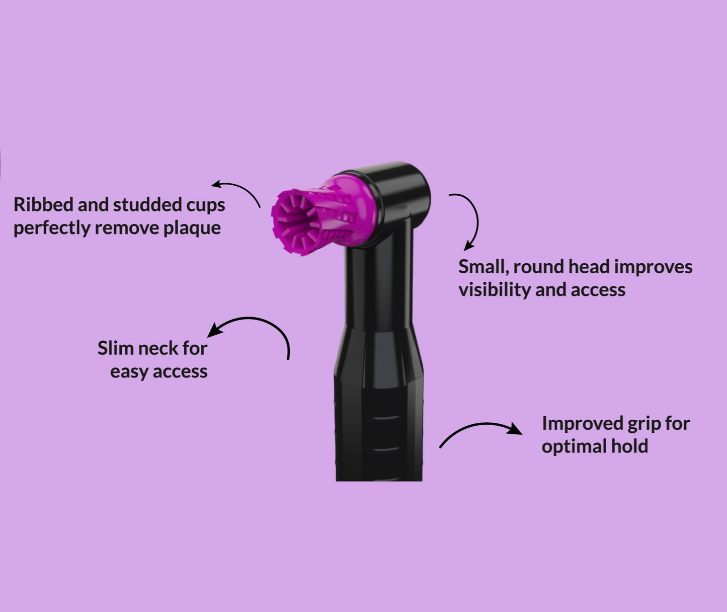 Image of prophy angle seen with descriptions of ribbed cups, small round head, slim neck and improved grip