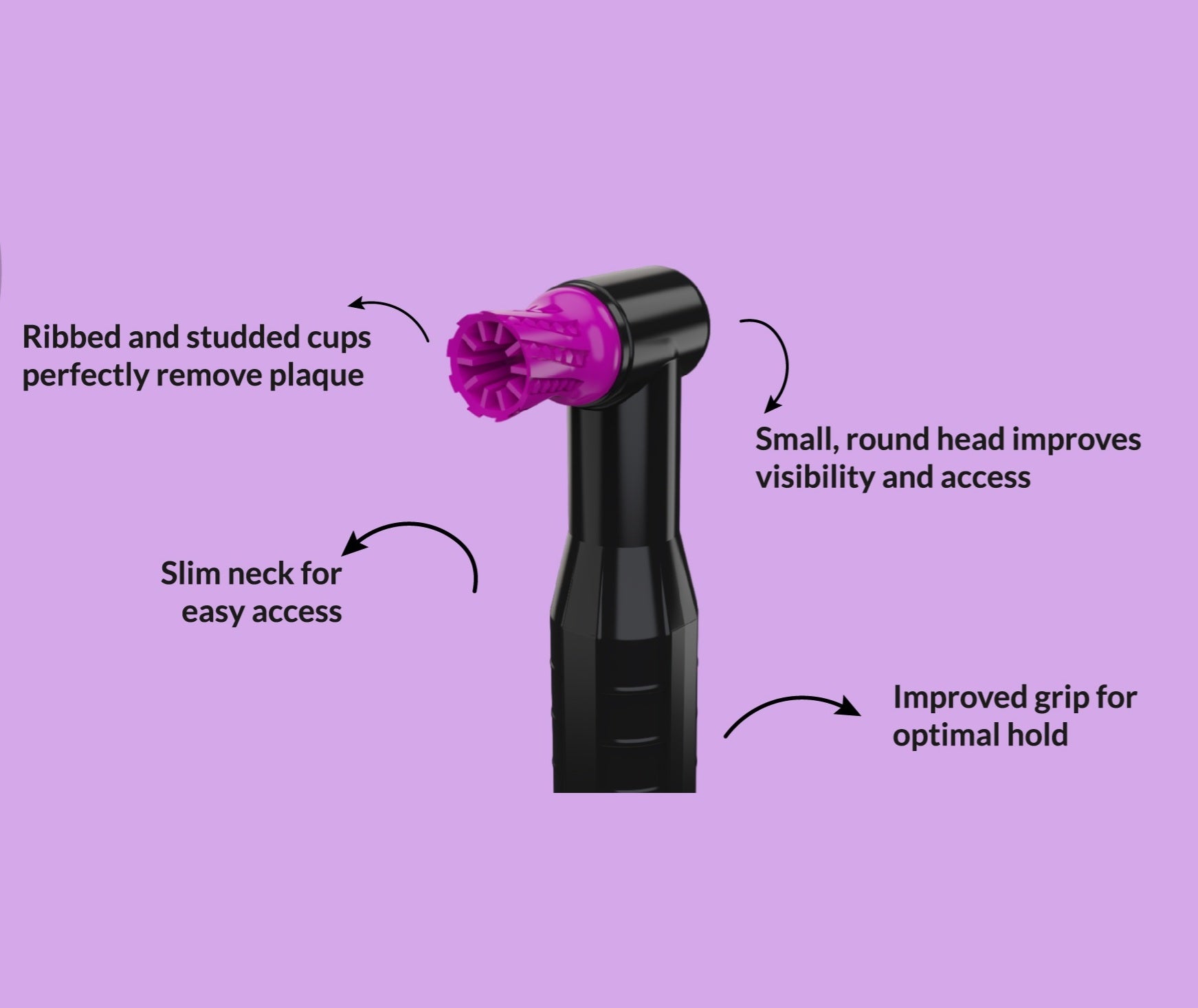 Image of prophy angle seen with descriptions of ribbed cups, small round head, slim neck and improved grip